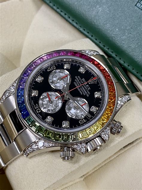 rolex white gold daytona rainbow часы|rolex with rainbow bezel.